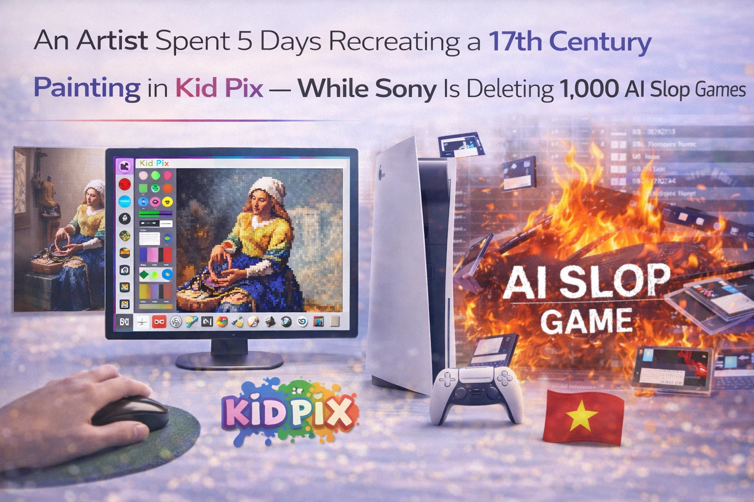 An Artist Spent 5 Days Recreating a 17th Century Painting in Kid Pix — While Sony Is Deleting 1,000 AI Slop Games